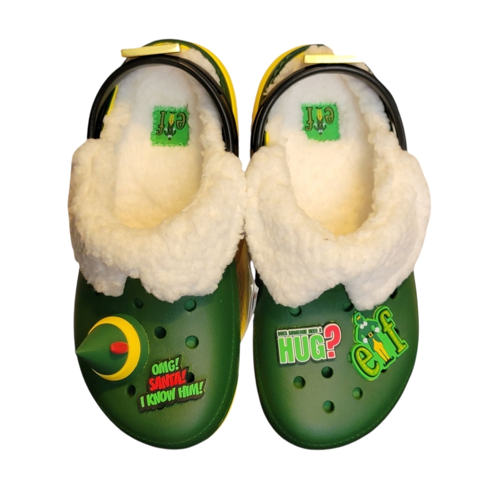 Crocs X Buddy The Elf Lined Kids Clogs‎ Shoes J2  Christmas NEW Green Yellow